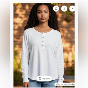 bobi Los Angeles White Waffle Knit Henley Long Sleeve